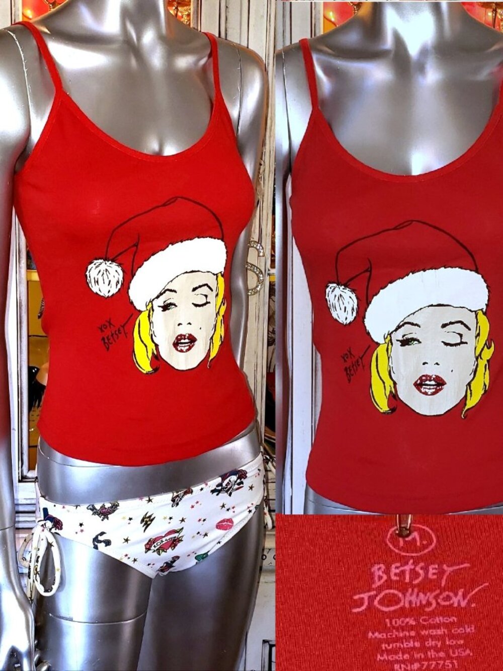 Betsey Johnson Rare Vintage Y2K Marilyn Monroe Wink Santa Hat Tank Top Shirt M